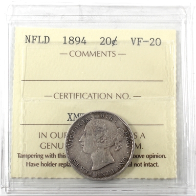 1894 Newfoundland 20-cents ICCS Certified VF-20