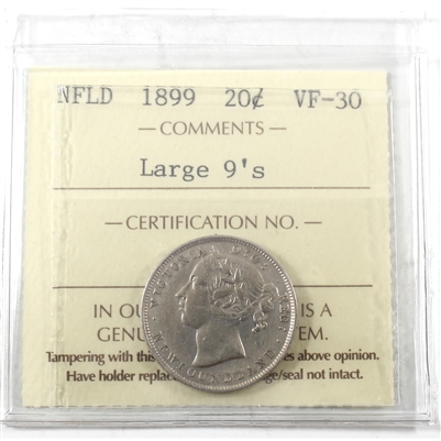 1899 Large 9s Newfoundland 20-cents ICCS Certified VF-30