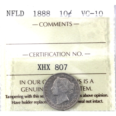 1888 Newfoundland 10-cents ICCS Certified VG-10