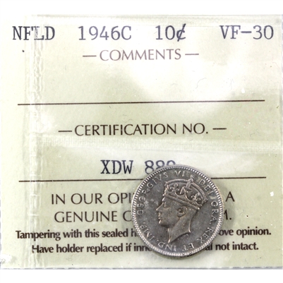 1946C Newfoundland 10-cents ICCS Certified VF-30