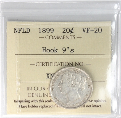 1899 Hook 9's Newfoundland 20-cents ICCS Certified VF-20 (XNU 299)