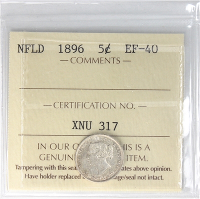 1896 Newfoundland 5-cents ICCS Certified EF-40 (XNU 317)