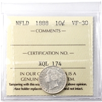 1888 Newfoundland 10-cents ICCS Certified VF-30 (XQL 174)