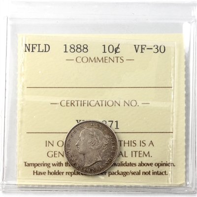 1888 Newfoundland 10-cents ICCS Certified VF-30 (XUV 371)