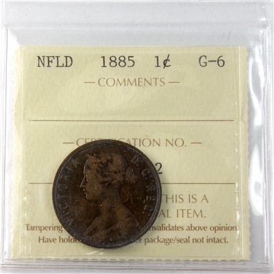 1885 Newfoundland 1-cent ICCS Certified G-6