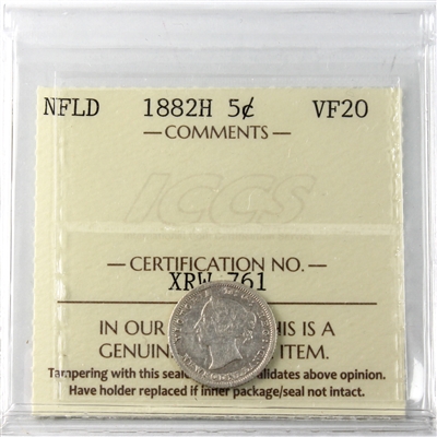 1882H Newfoundland 5-cents ICCS Certified VF-20
