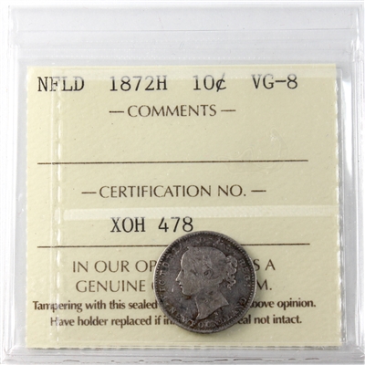 1872H Newfoundland 10-cents ICCS Certified VG-8