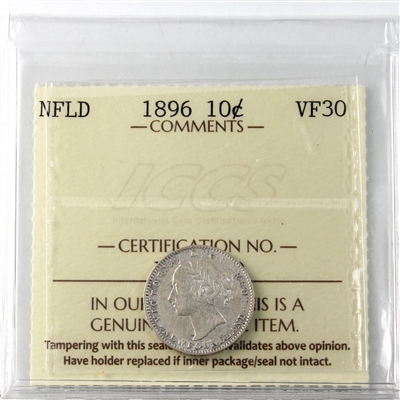 1896 Newfoundland 10-cents ICCS Certified VF-30 (XRW 760)