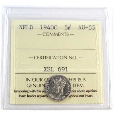 1940C Newfoundland 5-cents ICCS Certified AU-55