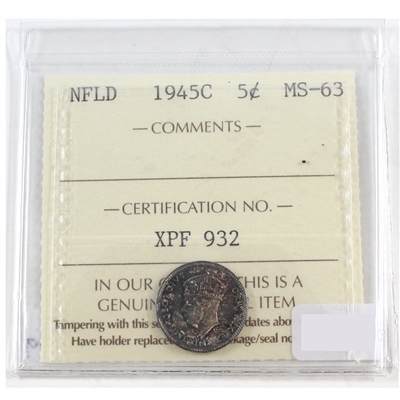 1945C Newfoundland 5-cent ICCS Certified MS-63