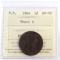 1864 Short 6 New Brunswick 1-cent ICCS Certified AU-50