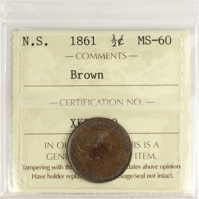 1861 Nova Scotia 1/2 Cent ICCS Certified MS-60 Brown