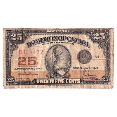 DC-24a 1923 Dominion 25-cent Shinplaster, Hyndman-Saunders, Authorized, F (Damaged)