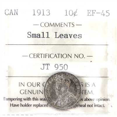 1913 Small Leaves Canada 10-cents ICCS Certified EF-45