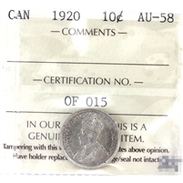 1920 Canada 10-cents ICCS Certified AU-58