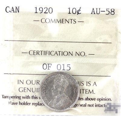 1920 Canada 10-cents ICCS Certified AU-58