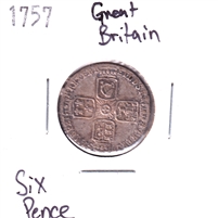 Great Britain 1757 George II 6 Pence, Sterling Silver