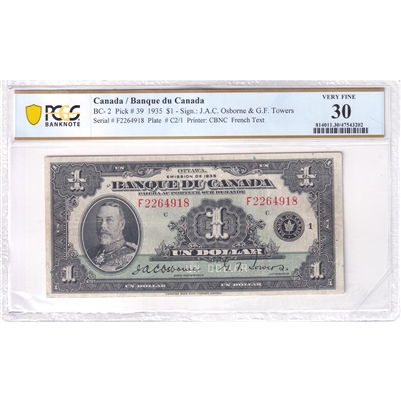 BC-2 1935 Canada $1 Osborne-Towers, French, Check Letter C, PCGS Certified VF-30