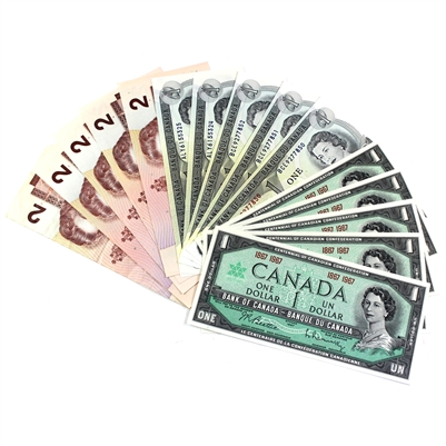 15x 1867-1967, 1973 & 1986 Canada $1 & $2 Notes, Average Condition, 5 ea., 15Pcs