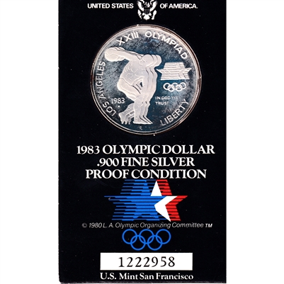 1983 S USA Olympic Dollar .900 Silver Proof in Card (Lightly toned)