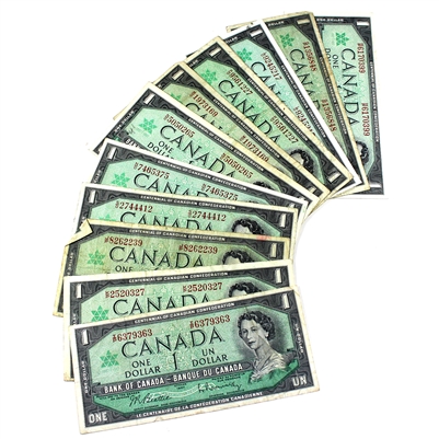 Lot of 11x 1967 Canada $1 Notes w/11 Different Prefixes in Avg. Circ. Condition, 11Pcs
