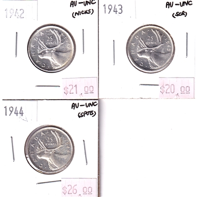 Group Lot of 1942-1944 Canada 25-Cents AU-UNC (AU-55) impaired