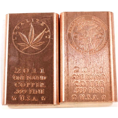 Pair of One Pound .999 Fine Copper Bars (Shroomin + Legalize It)