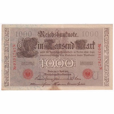 Germany 1910 1000 Mark, Red EF-AU (stain)