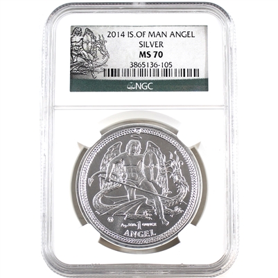 2014 Isle of Man 1oz .999 Silver Angel NGC Certified MS-70 (No Tax) Scratched Frame
