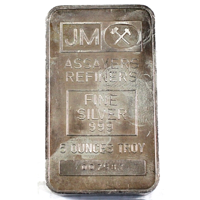 Johnson Matthey 5oz .999 Silver Bar, Blank Back Version (No Tax) Toned