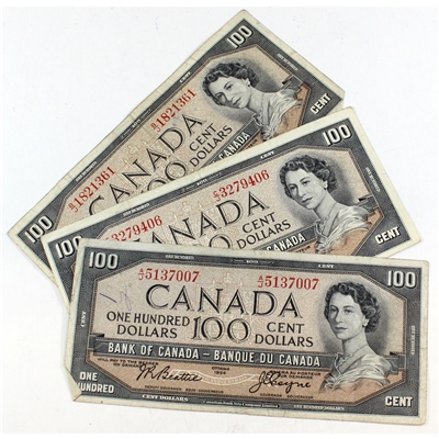 Lot of 3x 1954 Canada $100 Notes w/ 3 Different Signature Combos, Circ, 3Pcs (Issues)