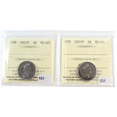 Pair of 2002P & 2003P Canada 5-Cents ICCS Certified MS-65, 2Pcs