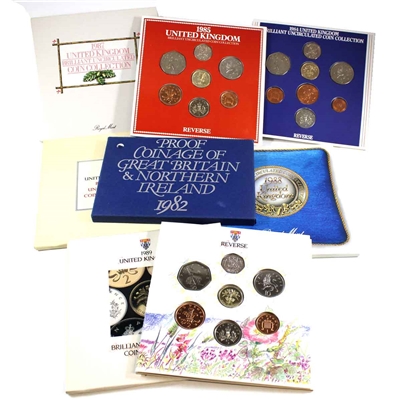 Group Lot of 1982-1989 United Kingdom Proof and Brilliant Uncirculated Sets. 7Pcs.