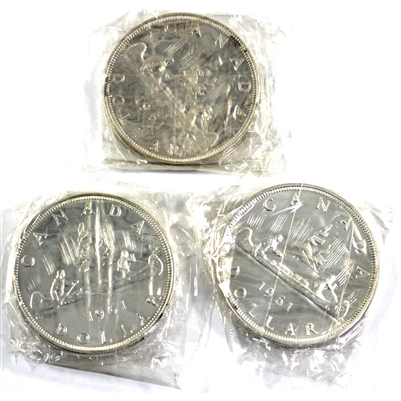 Lot of 3x 1961 Canada Proof-like Silver Dollars in RCM Cellophane, 3Pcs (Lightly Toned)
