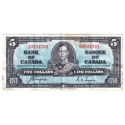 BC-23c 1937 Canada $5 Note, Coyne-Towers, H/S, VF-EF (VF-35) Stains