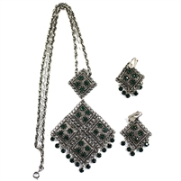 Vintage Silver-tone Green Rhinestone Boho-style Bib Necklace & Earrings Set