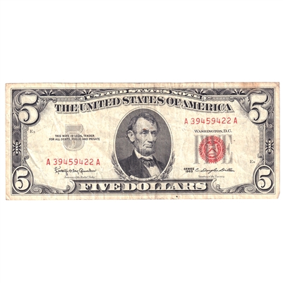 1963 USA $5 Note, FR#1536, Circ (May have damaged corner, a bit of staining, etc.)