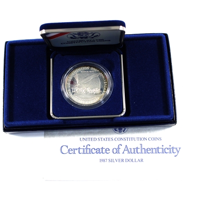 1987 S USA Constitution Proof .900 Silver Dollar in Case (Toned, light wear on sleeve)