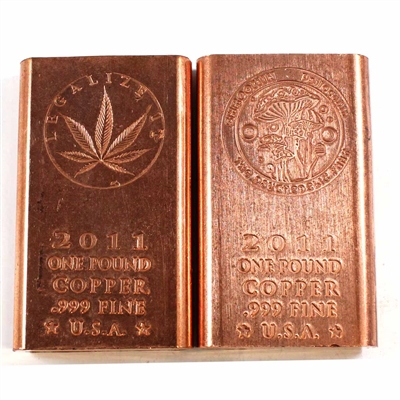 Pair of 1 Pound Pure Copper Bars - Legalize It & Shroomin