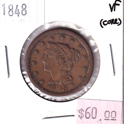 1848 United States Cent in Very Fine (VF-20) impaired.