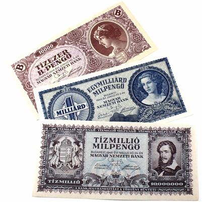 3 x 1946 Hungary notes Milkpengo in Extra Fine or better. 3pcs