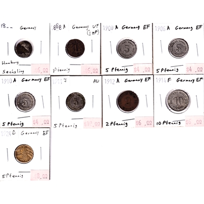 Group Lot of 9 Assorted 1888-1924 Germany Coins, VF to AU, 9Pcs (Some Impaired)