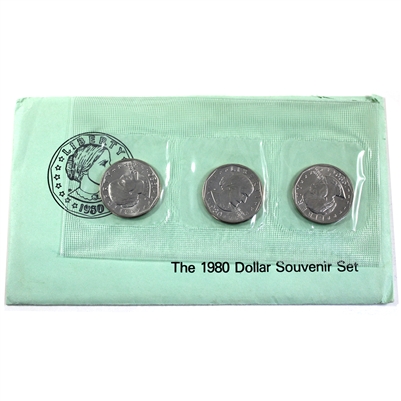 1980 USA Susan B. Anthony $1 Souvenir Set of 3 Coins (Green envelope) Lightly toned
