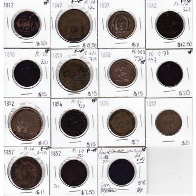 Tokens Ranging from 1844 to 1857. All Coins Attributed, Please View Images. 15Pcs.