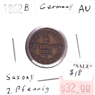 Germany 1862B Saxony 2 Pfennig Coin, Almost Uncirculated