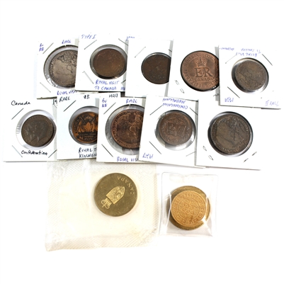 Group Lot of Assorted Canada Confederation Medallions, 12Pcs & Bonus Wooden Nickel
