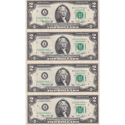 Uncut Sheet of 4x 1976 USA $2 Federal Reserve Star Notes, Boston, in Folder (Wave)