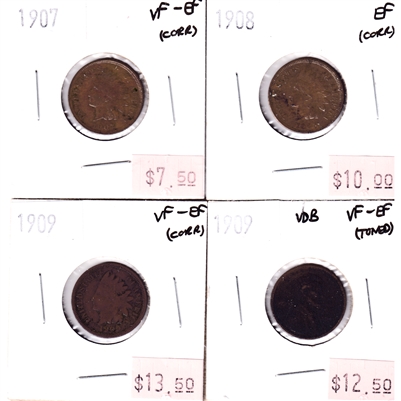 Group Lot of 4x 1907-1909 USA 1-Cents VF-EF or EF. 4PCS (Impaired)
