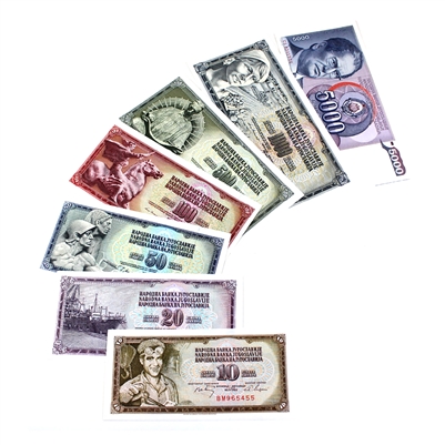 Lot of 7x Yugoslavia Notes, 1968-1986 10 to 5000 Dinara, UNC, 7Pcs