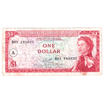 East Caribbean States Pick #13h 1965 1 Dollar Note, A Overprint, Very Fine (Stain)